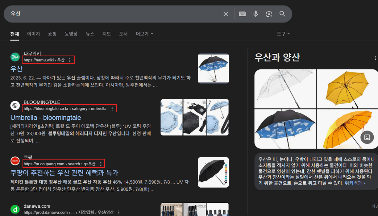 SERP에 반영된 URL 구조